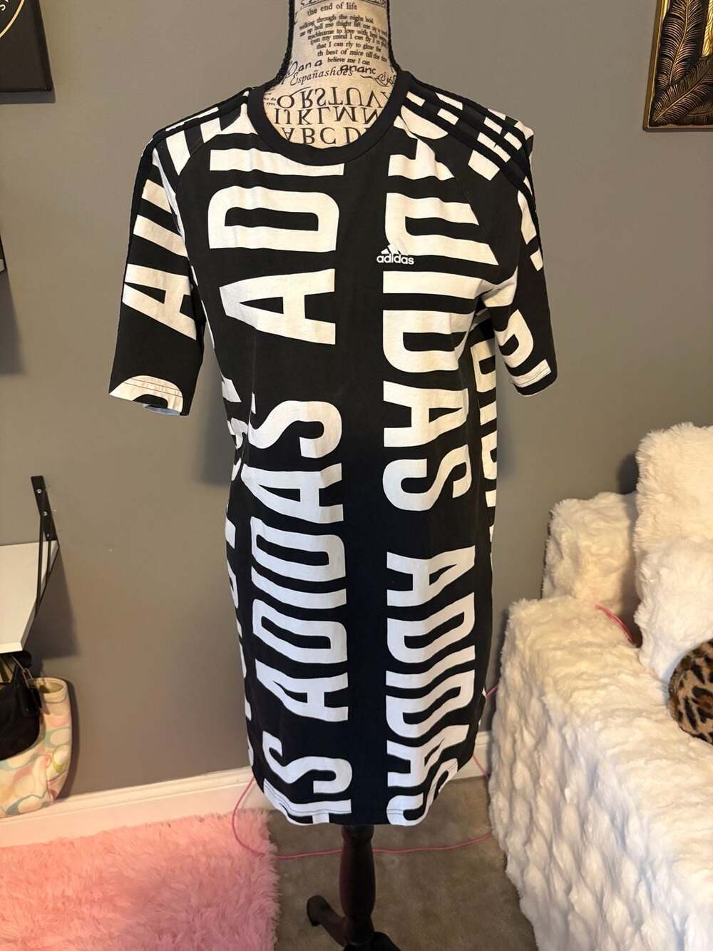 adidas Essentials Oversized Allover Print T-Shirt Dress Black White XS